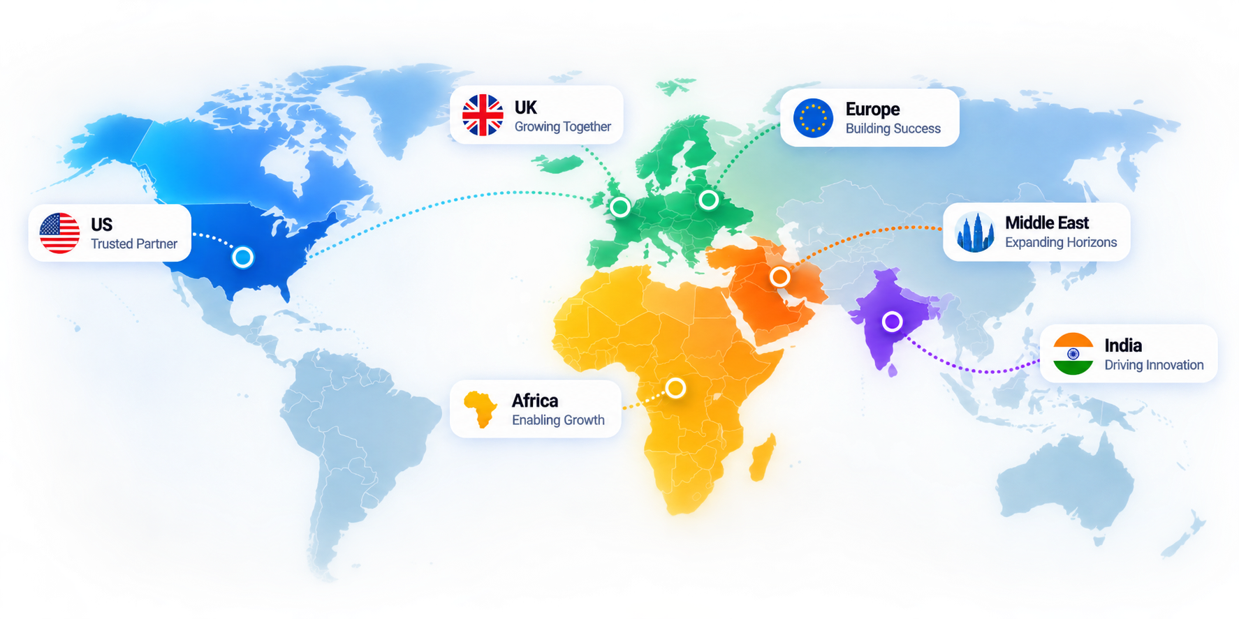 World map with the regions e-Stone works in picked out: the US, the UK, Europe, the Middle East, Africa and India.